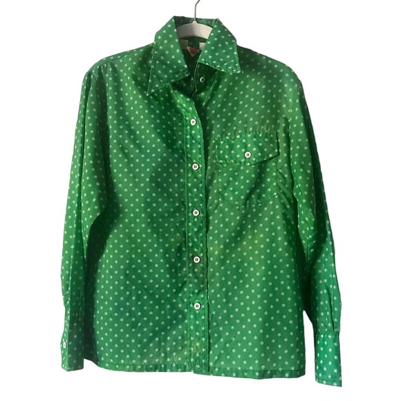 Vintage Tops - Vintage 1970’s Groovy Flower Print Button Down Top Green Size Small
